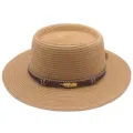 Damen Flach-Strohhut Detail, Strand Sonnenhut mit Feder Anhänger Band im Sommer. - M (56-58cm) / Khaki