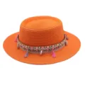 Oranger Strohhut für Damen und Herren flacher Top Sommer Strandhut mit Quasten Muschel - M (56-58cm) / Orange