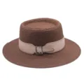 Detailed close-up of a stylish brown straw flat top hat with a chic beige leather belt. - M (56-58cm) / Coffee