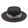 Elegant black flat top straw hat with a stylish wide leather belt and buckle for women summer. - M (56-58cm) / Black