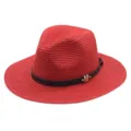 Roter Strohhut Fedora für Sommer Strand Outdoor Sonnenschutz mit schwarzem Lederband. - M (56-58cm) / Rot