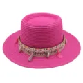 Rosa flacher Strohhut mit ethnischem Webband, Quasten und Muscheln fuer den Sommerstrandurlaub. - M (56-58cm) / Fuchsia