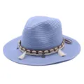 Sommer Strand Strohhut mit Muschel Quasten Dekoration, ideal fur Damen Sonnenschutz. - M (56-58cm) / Himmelblau