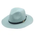 Minzgrüner Strohhut Fedora mit schwarzem Lederband und stylischem goldenen M-Buchstaben. - M (56-58cm) / Hellgrün