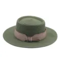 Detailed view of a green straw flat-top hat with a chic pink belt buckle for summer. - M (56-58cm) / Army Green