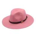 Rosa Strohhut für Damen und Herren, sommerlicher Sonnenschutz Strandhut mit Gürtel. - M (56-58cm) / Dunkle Hautfarbe Rot