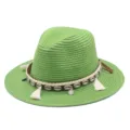 Grüner Strohhut für Damen Herren Sommer Sonnenhut gewebter Strandhut mit Muschel Quasten - M (56-58cm) / Grün