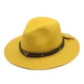 Gelber Strohhut Fedora mit braunem Ledergürtel und Stierschädel Metalldekor für Sommertage. - M (56-58cm) / Gelb