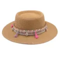 Sommer Strohhut mit breiter Krempe Strand Sonnenhut mit Muschel Quasten Band für Urlaub. - M (56-58cm) / Khaki