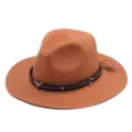 Stilvoller Damen Strohhut mit Lederseil und Metalldekor fuer Sommer Strand Outdoor UV Schutz. - M (56-58cm) / Karamellbraun