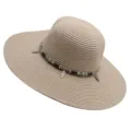 Chapeau de paille beige pour femme à large bord avec bande décorative perles et plumes. - M (56-58cm) / Beige