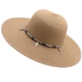 Femme chapeau de paille ete plage grand bord mode perle decorative boheme casquette exterieur - M (56-58cm) / Kaki