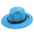 Blauer Strohhut mit schwarzem Lederband und Stierschädel, Sommersonnenschutz Mode. - M (56-58cm) / Himmelblau