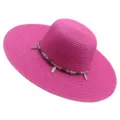 Sombrero de paja de ala ancha rosa para mujer sombrero de sol de playa con cuentas pluma verano - M (56-58cm) / Rosa rojo