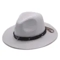 Details zum Sommer Strohhut für Damen, geflochtener Panama Fedora mit Lederband und Stierkopf. - M (56-58cm) / Weiß