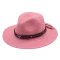 Rosa Strohhut Damen Fedora Sonnenhut mit Lederband und stilvollem Stierkopf Dekor. - M (56-58cm) / Rosa