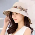 Damen Frühling Sommer Sonnenhut Bucket Hat mit Blumenmuster Schleife, stilvolle Strandmütze. - Einheitsgröße / Beige
