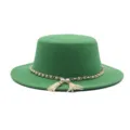 Grüner flacher Woll-Fedora-Hut mit eleganter Perlenkette Quasten-Dekor für stilvolle Outfits - M (56-58cm) / Fedora / Grün
