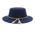 Klassischer dunkelblauer Wollfilzhut mit eleganter Perlenkette und Quasten Detail für Damen. - M (56-58cm) / Fedora / Marineblau