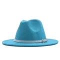 Blauer Woll-Fedora-Hat für Damen, stilvoller weißer Gürtelschnallenriemen, Herbst Winter Hut. - Lake Blue (White Belt) / Erwachsene (56-58cm)