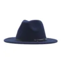 Κλασικό σκούρο μπλε μάλλινο καπέλο fedora με μαύρη δερμάτινη ζώνη για γυναίκες χειμώνας - M (56-58cm) / Ναυτικό μπλε