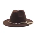 Damen Wolle Filz Fedora Hut Herbst Winter breite Krempe Jazz Kappe mit Perlen Goldkette Quaste. - M (56-58cm) / Kaffeebraun