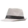 Unisex grey straw fedora hat with black band, classic summer sun protection beach hat. - M (56-58cm) / Light Gray