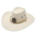 Faux Suede Western Cowboy Hat with Six-Pointed Star Badge Windproof Rope Unisex Outdoor - One Size / Off White