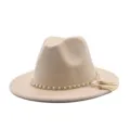 Beigefarbener Woll-Fedora-Hat mit eleganter Perlenkette und Quasten-Deko fuer Damenmode. - M (56-58cm) / Beige