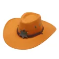 Orange suede western cowboy hat with metal sheriff star badge and windproof rope for outdoor sports. - One Size / Orange
