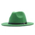 Damen Gruene Wollfilz Fedora Hut mit Schwarzem Guertel Schnalle Britischer Stil Flache Krempe - Grass Green (Black Belt) / Erwachsene (56-58cm)