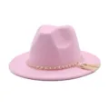 Rosa Wollfilz Fedora Hut mit Perlenkette und Quaste, elegante Damen Herbst Winter Mütze. - M (56-58cm) / Rosa