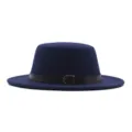 Klassischer dunkelblauer Woll Flachtop Fedora Hut mit braunem Gürtel für Damen Herbst Winter - Erwachsene 56-58cm / Marineblau