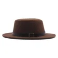 Brauner flacher Wollfilzhut mit Ledergürtel und breiter Krempe Wintermode Jazzkappe - Erwachsene 56-58cm / Kaffeebraun