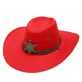 Red western cowboy hat for adults, classic suede style with sheriff star badge and wind rope. - One Size / Red