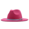 Damen rosa Wolle Fedora Hut mit hellblauem Gürtel Schnalle flache Krempe Winter Jazz Kappe - Rose red (Sky Blue Belt) / Erwachsene (56-58cm)