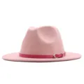 Rosa breiter Krempe Fedora Hut Damen Herren Retro Wollfilz Panama Jazz Kappe mit Schnalle. - M (56-58cm) / Hellrosa