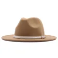 Damen Herbst Winter Wolle Fedora Hut Kamel Flache Krempe Stilvoll Gurt Zubehör Jazz Mütze - Camel (White Belt) / Erwachsene (56-58cm)