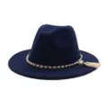 Dunkelblauer Filzhut mit Goldkette Kunstperle Quaste schicker Winter Wollhut breiter Krempe - M (56-58cm) / Marineblau