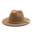 Modischer Wollhut mit Perlenkette und Quaste, eleganter Damen Winter Jazzhut mit breiter Krempe. - M (56-58cm) / Camel