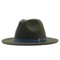 Klassischer Woll-Fedora-Hut für Damen mit blauem Ledergürtel, stilvolle Herbst-Kopfbedeckung. - Army Green (dark blue belt) / Erwachsene (56-58cm)