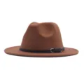 Brauner Damen Fedora Hut aus Wolle mit schwarzem Gürtel und Schnalle, eleganter Winterhut. - Braun