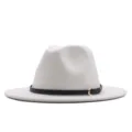 Weißer Woll Fedora Hut mit schwarzem Gürtel, eleganter breiter Jazzhut für den Winter. - M (56-58cm) / Weiß (Schwarzer Gürtel)
