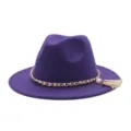 Lila Wollfilz Fedora Hut mit Goldkette Perle Quaste, Herbst Winter Damenhut mit breiter Krempe - M (56-58cm) / Dunkellila