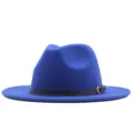 Blauer Woll Fedora Hut für Damen mit schwarzem Gürtel Schnalle Herbst Winter britischer Hut - Royal Blue (Black Belt) / Erwachsene (56-58cm)