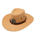 Suede western cowboy hat with windproof rope and sheriff star badge, outdoor jazz hat style. - One Size / Camel