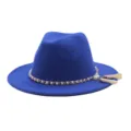 Blauer Woll-Fedora-Hat mit breiter Krempe Perlenkette Quaste Herbst Winter Damen Modehut - M (56-58cm) / Saphirblau
