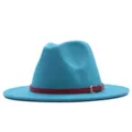 Blauer Filzhut Fedora mit rotem Ledergürtel, breiter Krempe Retro Panama Hut Damen Herren - M (56-58cm) / Seeblau