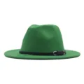 Grüner Filzhut Fedora für Damen, elegante breite Krempe Wintermode mit schwarzem Ledergürtel neu - Obstgrün