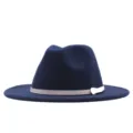 Dunkelblauer Woll Fedora Hut mit breiter Krempe Retro Jazz Kappe fuer Damen und Herren - M (56-58cm) / Navyblau (Weißer Gürtel)